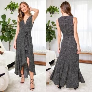 Lulus Fashion Find Black Ditsy Floral Print Ruffled Faux Wrap Midi Dress Medium